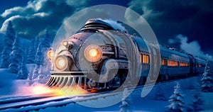 Retrofuturistic Steampunk Train in High-Speed Motion, snow, generative ai