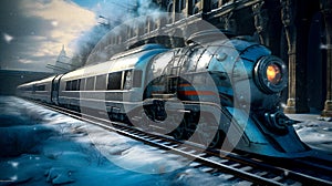 Retrofuturistic Steampunk Train in High-Speed Motion, snow, generative ai