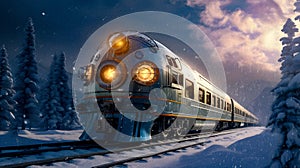 Retrofuturistic Steampunk Train in High-Speed Motion, snow, generative ai