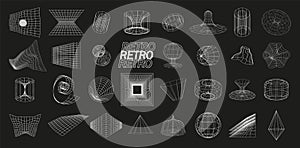 Retrofuturistic, wireframe line elements vector set. Perspective grids in cyberpunk style. Polar grid, portals circle photo