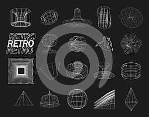 Retrofuturistic, wireframe line elements vector set. Perspective grids in cyberpunk style. Polar grid, portals circle photo