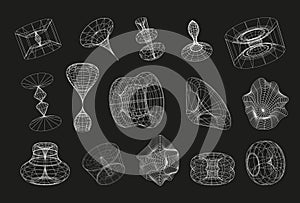 Retrofuturistic, wireframe line elements vector set. Polar grid, portals circle. Abstract geometry, blackhole photo