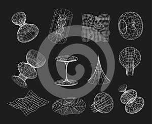 Retrofuturistic, wireframe line elements vector set. Polar grid, portals circle. Abstract geometry, blackhole photo