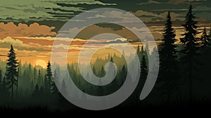Retrograde 8-bit Fir Forest Illustration At Sunset photo