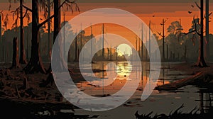 Retromer 8-bit Illustration: Orange Sunset In Decaying Swamp