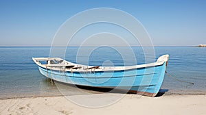 Retrospect old fishing boat on sandy seashore recalls peaceful coastal memories