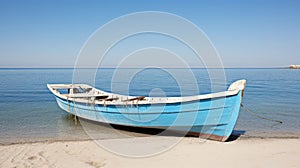 Retrospect old fishing boat on sandy seashore recalls peaceful coastal memories photo