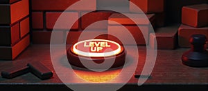 Retrostyle pixel art game backdrop featuring a levelup button