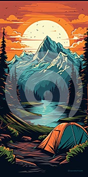 Retrovirus Camping Poster: Bold Artwork Of Mountain Scenery photo