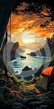 Retrovirus Camping Poster: Scenic View Of Reef In Detailed Illustration photo