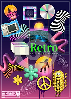 Retrowave 90s Postmodern Stickers And Retro Objects