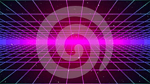 Retrowave background. Bright perspective grid. Retro future style