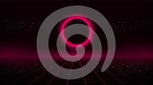 Retrowave sci-fi pink laser perspective grid background with glowing circle. Retrofuturistic cyber laser landscape with