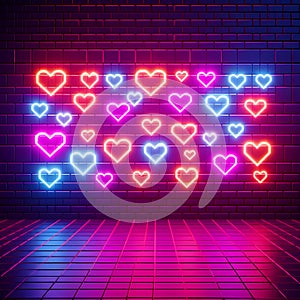 Retrowave style neon hearts pulse bright beats surreal scene Generative AI