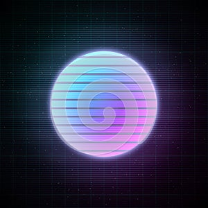 Retrowave style striped sun with blue and pink glowing in starry space with laser grid. Vaporwave, synthwave, retrowave