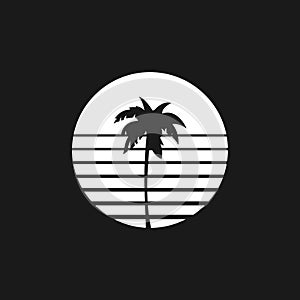 Retrowave sun 1980s style with palm tree silhouette. Black and white sun with stripes and palm tree silhouettes. Design