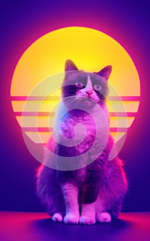 Retrowave synthwave portrait of a cat in 90s retro aesthetics style photo