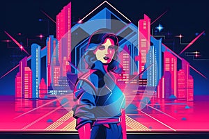 Retrowave synthwave portrait of a young woman vaporwave. 80s sci-fi futuristic fashion poster style. Neural network AI