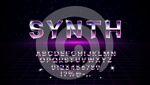 Retrowave synthwave vaporwave font in 1980s style. Retrowave design letters, numbers, symbols and set of lens flare on