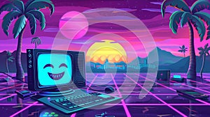 In retrowave, vaporwave 90s style. Retro screen with smiley face hipster stickers, video player, message boxes, popup