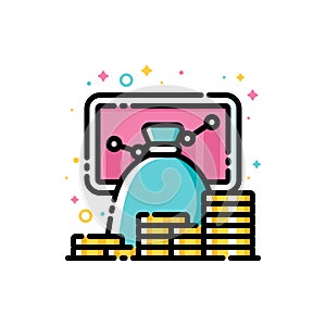 Return on investment chart, finance graph, budget planning and income growth concept. Flat filled outline style icon of money bag