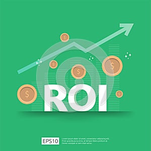 Return on investment concept. business growth arrows to success. ROI text with grow dollar coins plant. chart increase profit.