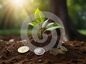 Return on investment concept and saving money Seedling on a blurred natural background