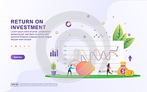 Return on investment illustration concept. People managing financial chart, profit income, Financial growth rising up to success.