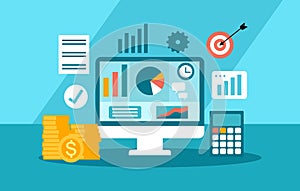 Return on investment ROI business marketing concept. Financial chart, data analysis vector illustration flat design. Financial rep