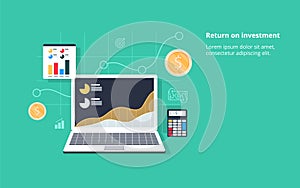 Return on investment, ROI, Business, profit, flat vector conceptual banner illustration with icons