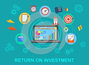 Return on investment, ROI, Business, profit, flat vector conceptual banner illustration with icons on blue