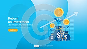 Return on investment ROI concept. business growth arrows success. dollar plant coins, graph and money bag. chart increase profit.