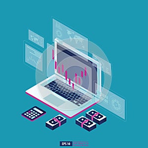 Return on investment ROI graph and chart in laptop. business growth arrows to success. business background vector illustration