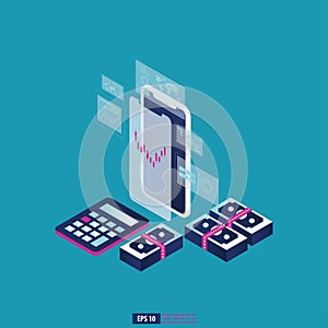 Return on investment ROI graph and chart in smartphone. business growth arrows to success. business background vector illustration