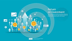 Return on investment ROI, profit opportunity concept. business growth arrows to success. arrow with dollar plant coins, graph and