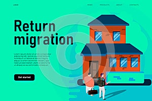 Return migration policy illustration concept with flat home and two isometric migrants. Back to home poster concept