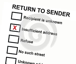 Return to sender concept with check on insufficient address photo