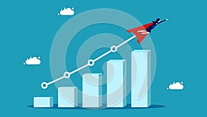 returns or business growth. Profit increase or progression concept. Businesswoman hero on growth bar chart. Finance and investment