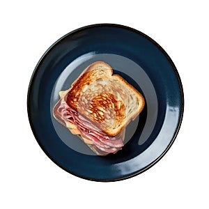 Reuben Sandwich On Blue Smooth Round Plate On Isolated Transparent Background U.S. Dish. Generative AI photo