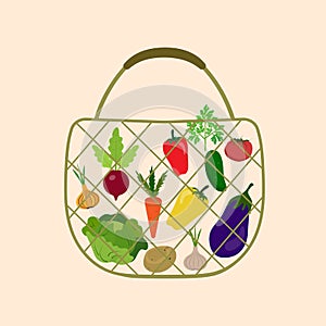 Reusable bag, string bag with vegetables. Eco products from the store. Proper nutrition