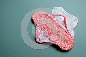 Reusable cloth sanitary menstrual pads. Zero waste period. Feminine washable, eco friendly personal hygiene supplies. Womens