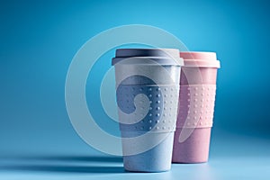 Reusable coffee cup on light blue background. Bamboo cup.