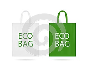Reusable eco bag mockup. Ecology sack with white and green color. Fabric eco bags with handles. Handbag isolated icon for travel.