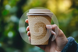Reusable Eco-Friendly Coffee Cup Held Outdoors