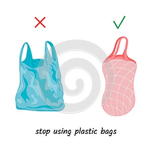 Reusable mesh bag instead of a plastic bag. Shopping Bags. Isolated objects. white background. Vector illustration