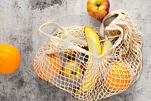 Reusable net bag with fresh groceries