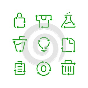 Reusable and recyclable goods. Ecologic lifestyle. Set of icons. Vector file.