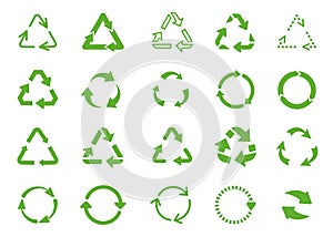 Reusable round arrows elements, lifecycle arrow symbol. Recycle logo, circle reduce eco icons. Environmental mark