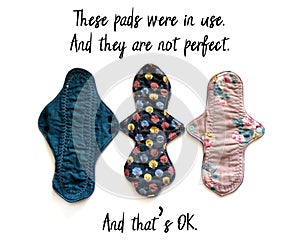 Reusable sanitary menstrual pads with slogan, Washable cloth pads after Using and Washing, Zero Waste Concept