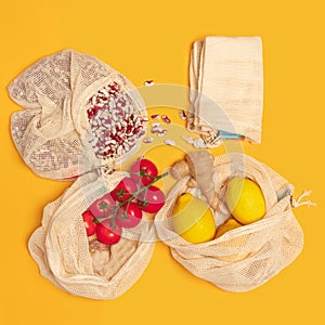 Reusable set cotton and mesh eco bags for shopping. Zero waste, plastic free concept